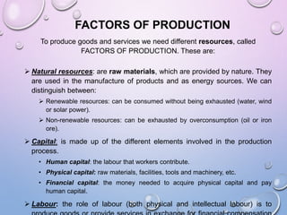FACTORS OF PRODUCTION
To produce goods and services we need different resources, called
FACTORS OF PRODUCTION. These are:
 Natural resources: are raw materials, which are provided by nature. They
are used in the manufacture of products and as energy sources. We can
distinguish between:
 Renewable resources: can be consumed without being exhausted (water, wind
or solar power).
 Non-renewable resources: can be exhausted by overconsumption (oil or iron
ore).
 Capital: is made up of the different elements involved in the production
process.
• Human capital: the labour that workers contribute.
• Physical capital: raw materials, facilities, tools and machinery, etc.
• Financial capital: the money needed to acquire physical capital and pay
human capital.
 Labour: the role of labour (both physical and intellectual labour) is to
 