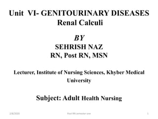 Unit VI- GENITOURINARY DISEASES
Renal Calculi
BY
SEHRISH NAZ
RN, Post RN, MSN
Lecturer, Institute of Nursing Sciences, Khyber Medical
University
Subject: Adult Health Nursing
2/8/2020 Post RN semester one 1
 