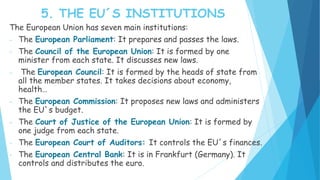 5. THE EU´S INSTITUTIONS
The European Union has seven main institutions:
- The European Parliament: It prepares and passes the laws.
- The Council of the European Union: It is formed by one
minister from each state. It discusses new laws.
- The European Council: It is formed by the heads of state from
all the member states. It takes decisions about economy,
health…
- The European Commission: It proposes new laws and administers
the EU`s budget.
- The Court of Justice of the European Union: It is formed by
one judge from each state.
- The European Court of Auditors: It controls the EU´s finances.
- The European Central Bank: It is in Frankfurt (Germany). It
controls and distributes the euro.
 
