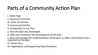 Parts of a Community Action Plan
I. Cover Page
II. Executive Summary
III. Table of Contents
IV. Community Profile
V. Introduction to the Plan
a. How the plan was developed
b. Who was involved in the development of the plan
c. Who will manage the implementation of the plan d. Other information that is
important to the plan
VI. Action Plan
VII. Appendices and Supporting Documentation
 
