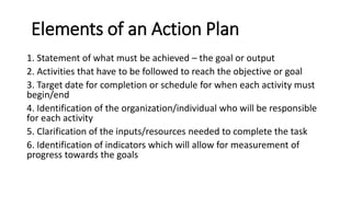 Elements of an Action Plan
1. Statement of what must be achieved – the goal or output
2. Activities that have to be followed to reach the objective or goal
3. Target date for completion or schedule for when each activity must
begin/end
4. Identification of the organization/individual who will be responsible
for each activity
5. Clarification of the inputs/resources needed to complete the task
6. Identification of indicators which will allow for measurement of
progress towards the goals
 