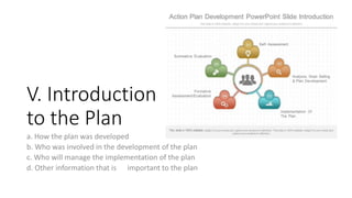 V. Introduction
to the Plan
a. How the plan was developed
b. Who was involved in the development of the plan
c. Who will manage the implementation of the plan
d. Other information that is important to the plan
 