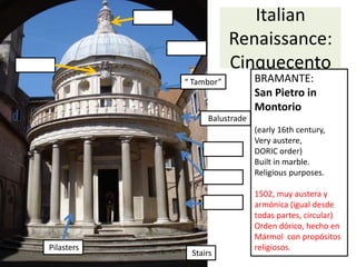 Italian
Renaissance:
Cinquecento
Stairs
“ Tambor”
Balustrade
BRAMANTE:
San Pietro in
Montorio
(early 16th century,
Very austere,
DORIC order)
Built in marble.
Religious purposes.
1502, muy austera y
armónica (igual desde
todas partes, circular)
Orden dórico, hecho en
Mármol con propósitos
religiosos.
Pilasters
 