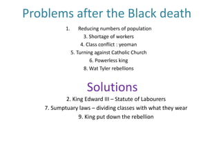 Problems after the Black death
1. Reducing numbers of population
3. Shortage of workers
4. Class conflict : yeoman
5. Turning against Catholic Church
6. Powerless king
8. Wat Tyler rebellions
Solutions
2. King Edward III – Statute of Labourers
7. Sumptuary laws – dividing classes with what they wear
9. King put down the rebellion
 