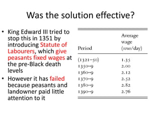 Was the solution effective?
• King Edward III tried to
stop this in 1351 by
introducing Statute of
Labourers, which give
peasants fixed wages at
the pre-Black death
levels
• However it has failed
because peasants and
landowner paid little
attention to it
 