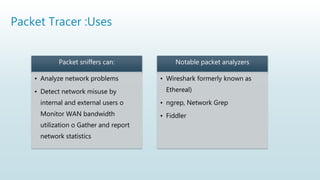 Packet Tracer :Uses
Packet sniffers can:
• Analyze network problems
• Detect network misuse by
internal and external users o
Monitor WAN bandwidth
utilization o Gather and report
network statistics
Notable packet analyzers
• Wireshark formerly known as
Ethereal)
• ngrep, Network Grep
• Fiddler
 