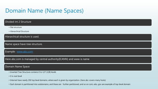 Domain Name (Name Spaces)
Divided int 2 Structure
• Flat structure
• Hierarchical Structure
Hierarchical structure is used.
Name space have tree structure.
Example : www.abc.com
Here abc.com is managed by central authority(ICANN) and www is name
Domain Name Space
• Inverted Tree Structure contains 0 to 127 (128) levels
• 0 is root level
• Internet have nearly 250 top level domains, where each is given by organization. (here abc covers many hosts)
• Each domain is partitioned into subdomains, and these are further partitioned, and so on com, edu, gov are example of top-level domain
 