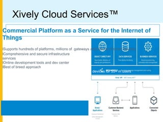 Xively Cloud Services™
Commercial Platform as a Service for the Internet of
Things
lSupports hundreds of platforms, millions of gateways and billions of smart devices
lComprehensive and secure infrastructure
services
lOnline development tools and dev center
lBest of breed approach
Built on LogMeIn’s Gravity platform connecting 255+ m devices for 55+ m users
 
