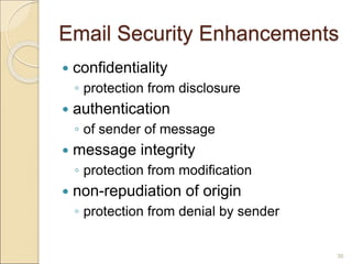 36
Email Security Enhancements
 confidentiality
◦ protection from disclosure
 authentication
◦ of sender of message
 message integrity
◦ protection from modification
 non-repudiation of origin
◦ protection from denial by sender
 