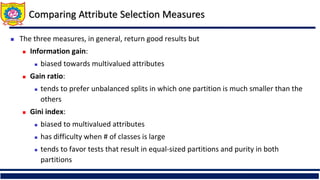 Comparing Attribute Selection Measures
 The three measures, in general, return good results but
 Information gain:
 biased towards multivalued attributes
 Gain ratio:
 tends to prefer unbalanced splits in which one partition is much smaller than the
others
 Gini index:
 biased to multivalued attributes
 has difficulty when # of classes is large
 tends to favor tests that result in equal-sized partitions and purity in both
partitions
 