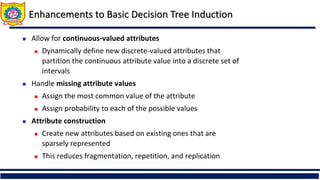 Enhancements to Basic Decision Tree Induction
 Allow for continuous-valued attributes
 Dynamically define new discrete-valued attributes that
partition the continuous attribute value into a discrete set of
intervals
 Handle missing attribute values
 Assign the most common value of the attribute
 Assign probability to each of the possible values
 Attribute construction
 Create new attributes based on existing ones that are
sparsely represented
 This reduces fragmentation, repetition, and replication
 