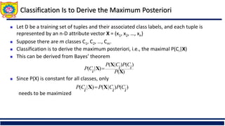 Classification Is to Derive the Maximum Posteriori
 Let D be a training set of tuples and their associated class labels, and each tuple is
represented by an n-D attribute vector X = (x1, x2, …, xn)
 Suppose there are m classes C1, C2, …, Cm.
 Classification is to derive the maximum posteriori, i.e., the maximal P(Ci|X)
 This can be derived from Bayes’ theorem
 Since P(X) is constant for all classes, only
needs to be maximized
)
(
)
(
)
|
(
)
|
(
X
X
X
P
i
C
P
i
C
P
i
C
P 
)
(
)
|
(
)
|
( i
C
P
i
C
P
i
C
P X
X 
 