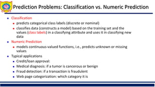 Prediction Problems: Classification vs. Numeric Prediction
 Classification
 predicts categorical class labels (discrete or nominal)
 classifies data (constructs a model) based on the training set and the
values (class labels) in a classifying attribute and uses it in classifying new
data
 Numeric Prediction
 models continuous-valued functions, i.e., predicts unknown or missing
values
 Typical applications
 Credit/loan approval:
 Medical diagnosis: if a tumor is cancerous or benign
 Fraud detection: if a transaction is fraudulent
 Web page categorization: which category it is
 