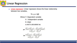 Linear Regression
 Linear regression: Linear regression shows the linear relationship
between two variables.
Y= a + bX
Where Y: Dependent variable
X : Independent variable
b: slope
a and b calculated as:
 