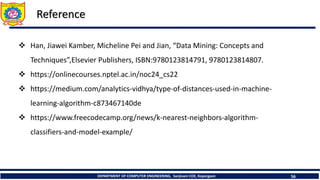 DEPARTMENT OF COMPUTER ENGINEERING, Sanjivani COE, Kopargaon 56
Reference
 Han, Jiawei Kamber, Micheline Pei and Jian, “Data Mining: Concepts and
Techniques”,Elsevier Publishers, ISBN:9780123814791, 9780123814807.
 https://onlinecourses.nptel.ac.in/noc24_cs22
 https://medium.com/analytics-vidhya/type-of-distances-used-in-machine-
learning-algorithm-c873467140de
 https://www.freecodecamp.org/news/k-nearest-neighbors-algorithm-
classifiers-and-model-example/
 