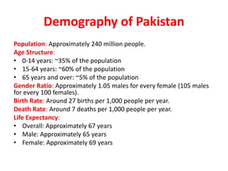 Demography of Pakistan
Population: Approximately 240 million people.
Age Structure:
• 0-14 years: ~35% of the population
• 15-64 years: ~60% of the population
• 65 years and over: ~5% of the population
Gender Ratio: Approximately 1.05 males for every female (105 males
for every 100 females).
Birth Rate: Around 27 births per 1,000 people per year.
Death Rate: Around 7 deaths per 1,000 people per year.
Life Expectancy:
• Overall: Approximately 67 years
• Male: Approximately 65 years
• Female: Approximately 69 years
 
