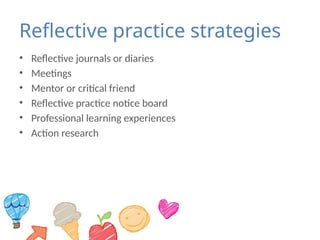 Reflective practice strategies
• Reflective journals or diaries
• Meetings
• Mentor or critical friend
• Reflective practice notice board
• Professional learning experiences
• Action research
 