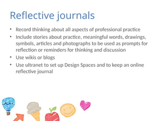 Reflective journals
• Record thinking about all aspects of professional practice
• Include stories about practice, meaningful words, drawings,
symbols, articles and photographs to be used as prompts for
reflection or reminders for thinking and discussion
• Use wikis or blogs
• Use ultranet to set up Design Spaces and to keep an online
reflective journal
 