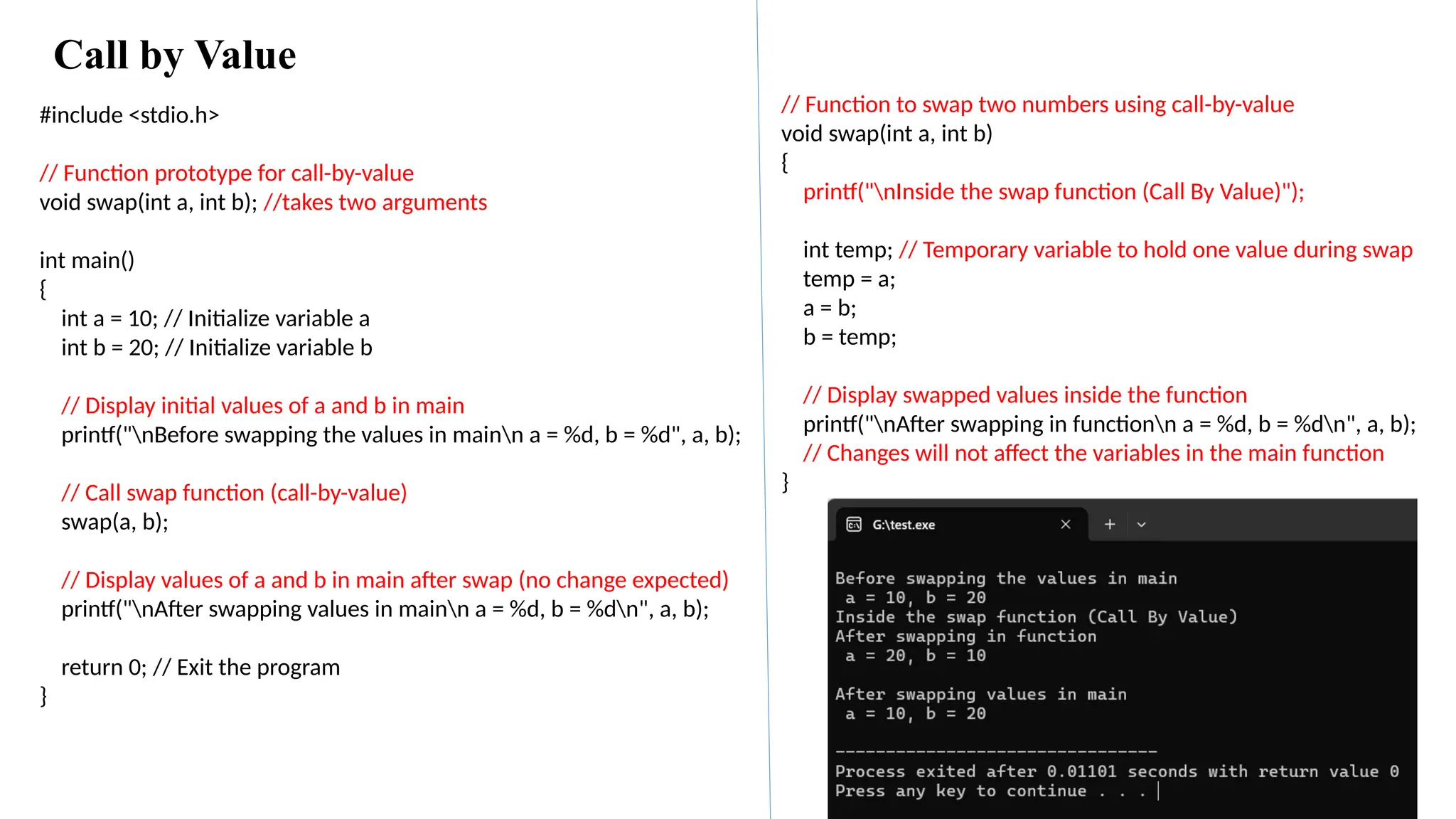 Call by Value
#include <stdio.h>
// Function prototype for call-by-value
void swap(int a, int b); //takes two arguments
int main()
{
int a = 10; // Initialize variable a
int b = 20; // Initialize variable b
// Display initial values of a and b in main
printf("nBefore swapping the values in mainn a = %d, b = %d", a, b);
// Call swap function (call-by-value)
swap(a, b);
// Display values of a and b in main after swap (no change expected)
printf("nAfter swapping values in mainn a = %d, b = %dn", a, b);
return 0; // Exit the program
}
// Function to swap two numbers using call-by-value
void swap(int a, int b)
{
printf("nInside the swap function (Call By Value)");
int temp; // Temporary variable to hold one value during swap
temp = a;
a = b;
b = temp;
// Display swapped values inside the function
printf("nAfter swapping in functionn a = %d, b = %dn", a, b);
// Changes will not affect the variables in the main function
}
 