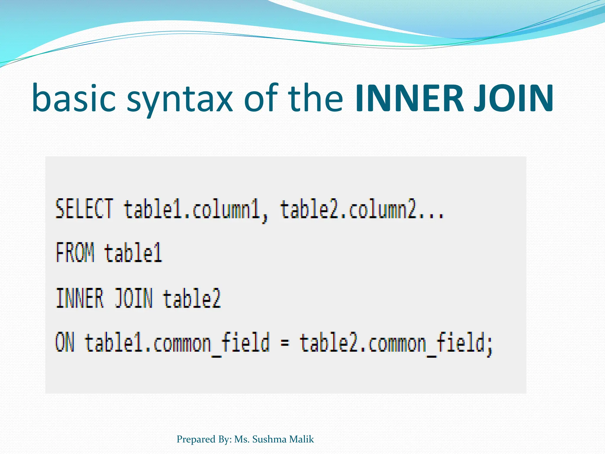 basic syntax of the INNER JOIN Prepared By: Ms. Sushma Malik 