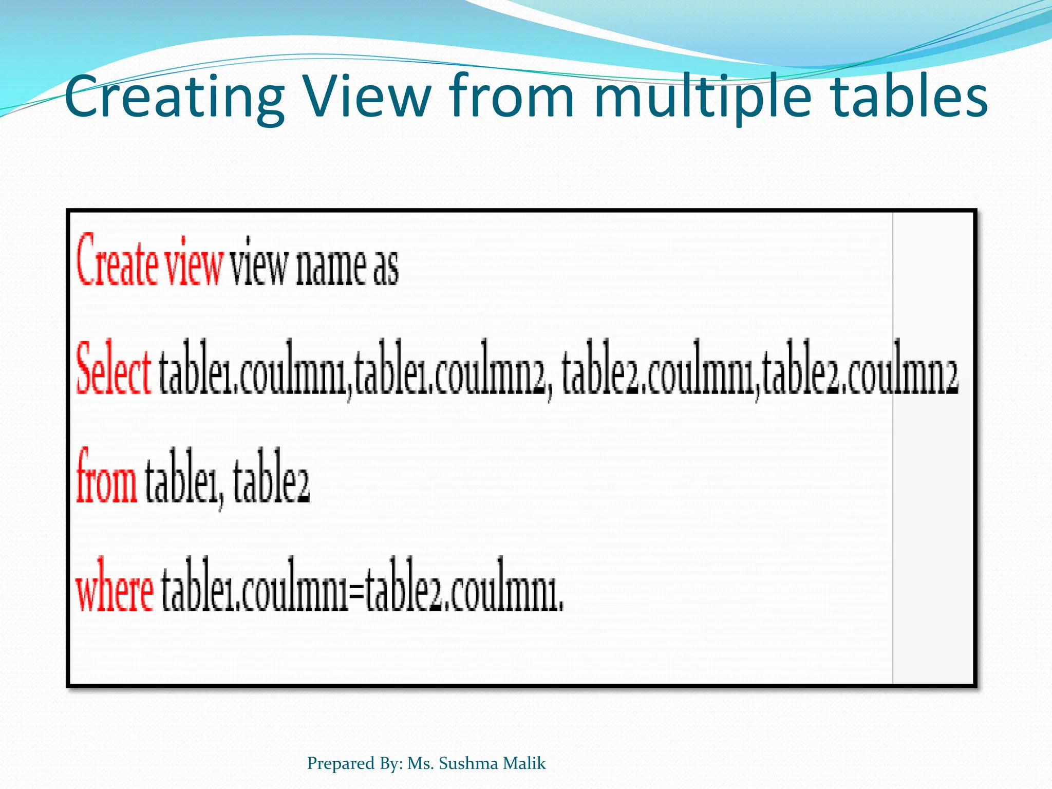 Creating View from multiple tables Prepared By: Ms. Sushma Malik 