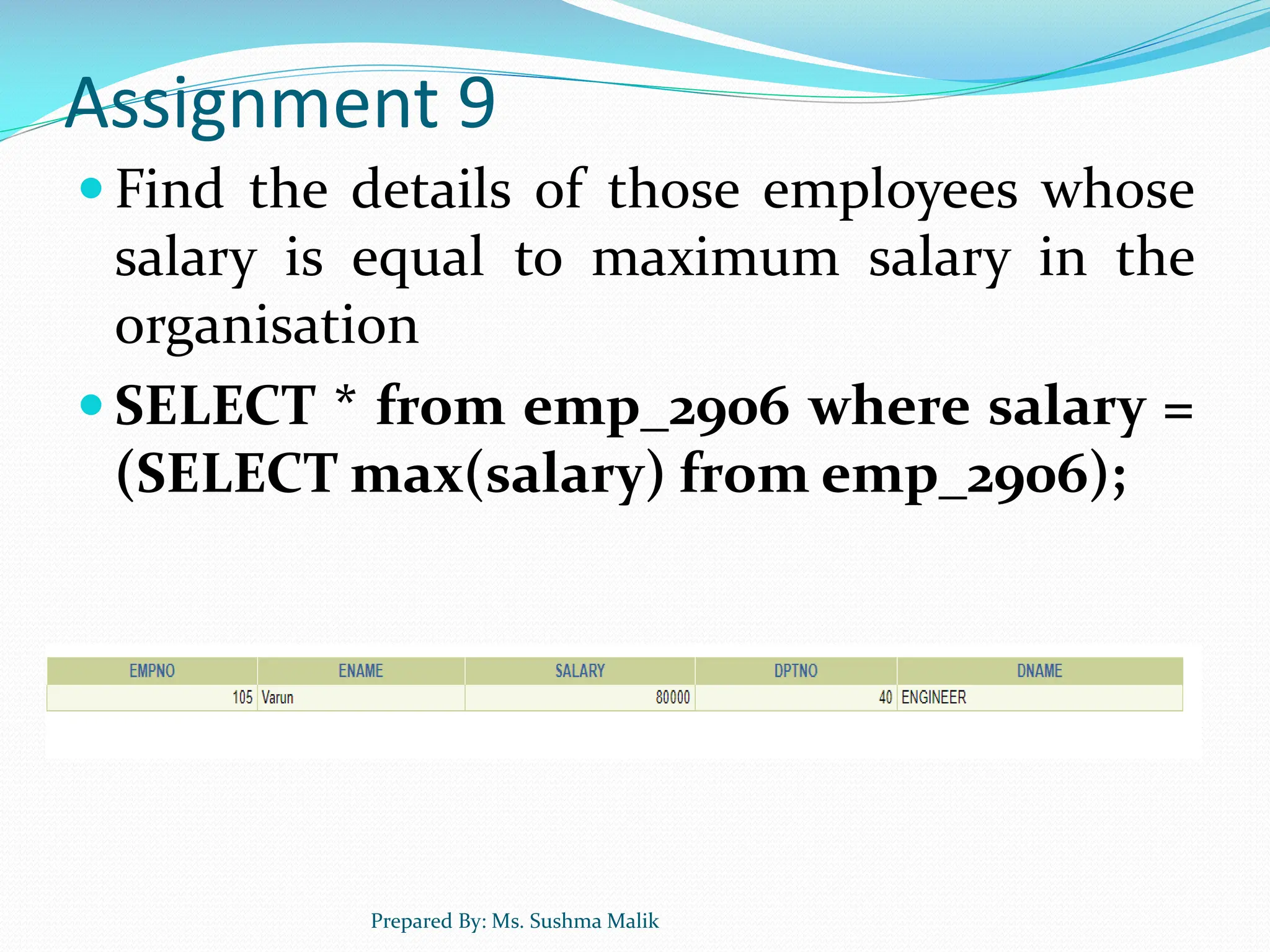Assignment 9  Find the details of those employees whose salary is equal to maximum salary in the organisation  SELECT * from emp_2906 where salary = (SELECT max(salary) from emp_2906); Prepared By: Ms. Sushma Malik 