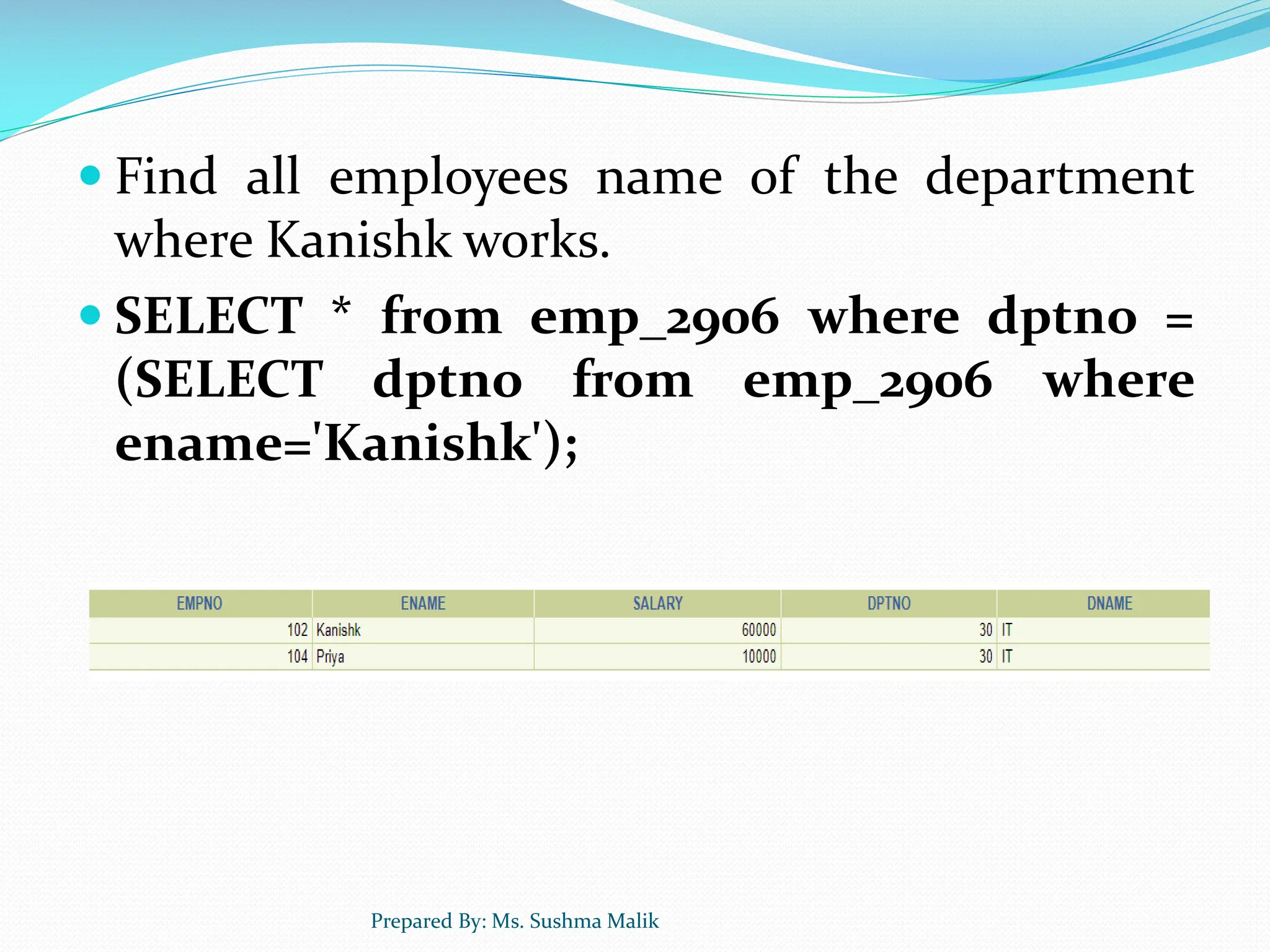  Find all employees name of the department where Kanishk works.  SELECT * from emp_2906 where dptno = (SELECT dptno from emp_2906 where ename='Kanishk'); Prepared By: Ms. Sushma Malik 