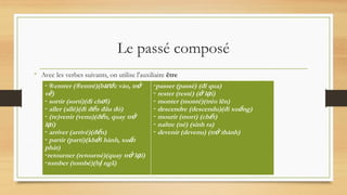 Le passé composé
- Avec les verbes suivants, on utilise l'auxiliaire être
- ®entrer (®entré)(b c vào, tr
ướ ở
v )
ề
- sortir (sorti)(đi ch i)
ơ
- aller (allé)(đi đ n đâu đó)
ế
- (re)venir (venu)(đ n, quay tr
ế ở
l i)
ạ
- arriver (arrivé)(đ n)
ế
- partir (parti)(kh i hành, xu t
ở ấ
phát)
-retourner (retourné)(quay tr l i)
ở ạ
-tomber (tombé)(b ngã)
ị
-passer (passé) (đi qua)
- rester (resté) ( l i)
ở ạ
- monter (monté)(trèo lên)
- descendre (descendu)(đi xu ng)
ố
- mourir (mort) (ch t)
ế
- naître (né) (sinh ra)
- devenir (devenu) (tr thành)
ở
 