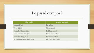 Le passé composé
Aller (allé) Acheter (acheté)
Je suis allé (e) J’ai acheté
Tu es allé (e) Tu as acheté
Il est allé/Elle est allée Il/Elle a acheté
Nous sommes allés (es) Nous avons acheté
Vous êtes allé (s, e, es) Vous avez acheté
Ils sont allés/ Elles sont allées Ils/Elles ont acheté
 