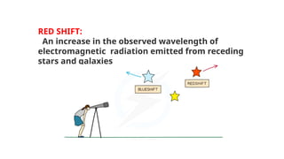 RED SHIFT:
An increase in the observed wavelength of
electromagnetic radiation emitted from receding
stars and galaxies
 