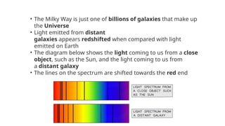 • The Milky Way is just one of billions of galaxies that make up
the Universe
• Light emitted from distant
galaxies appears redshifted when compared with light
emitted on Earth
• The diagram below shows the light coming to us from a close
object, such as the Sun, and the light coming to us from
a distant galaxy
• The lines on the spectrum are shifted towards the red end
 