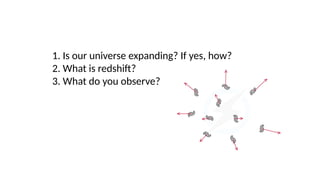 1. Is our universe expanding? If yes, how?
2. What is redshift?
3. What do you observe?
 