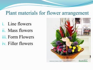 i. Line flowers
ii. Mass flowers
iii. Form Flowers
iv. Filler flowers
Plant materials for flower arrangement
 