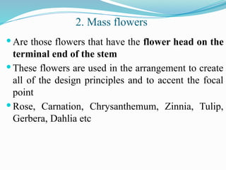  Are those flowers that have the flower head on the
terminal end of the stem
 These flowers are used in the arrangement to create
all of the design principles and to accent the focal
point
 Rose, Carnation, Chrysanthemum, Zinnia, Tulip,
Gerbera, Dahlia etc
2. Mass flowers
 