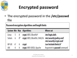 Encrypted password
• The encrypted password in the /etc/passwd
file
Prof.Bhushan Pawar
www.bhushanpawar.com
7
 