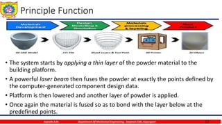 12
Principle Function
• The system starts by applying a thin layer of the powder material to the
building platform.
• A powerful laser beam then fuses the powder at exactly the points defined by
the computer-generated component design data.
• Platform is then lowered and another layer of powder is applied.
• Once again the material is fused so as to bond with the layer below at the
predefined points.
Gujrathi S.M. Department Of Mechanical Engineering, Sanjivani COE, Kopargaon
 