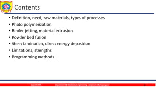 2
Contents
• Definition, need, raw materials, types of processes
• Photo polymerization
• Binder jetting, material extrusion
• Powder bed fusion
• Sheet lamination, direct energy deposition
• Limitations, strengths
• Programming methods.
Gujrathi S.M. Department Of Mechanical Engineering, Sanjivani COE, Kopargaon
 