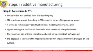 20
Steps in additive manufacturing
• Step 2: Conversion to STL
• The term STL was derived from STereoLithograhy.
• STL is a simple way of describing a CAD model in terms of its geometry alone.
• It works by removing any construction data, modeling history, etc., and
• approximating the surfaces of the model with a series of triangular facets.
• The minimum size of these triangles can be set within most CAD software and
• the objective is to ensure the models created do not show any obvious triangles on the
surface.
Gujrathi S.M. Department Of Mechanical Engineering, Sanjivani COE, Kopargaon
 