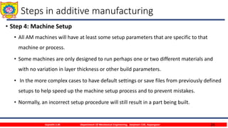 24
Steps in additive manufacturing
• Step 4: Machine Setup
• All AM machines will have at least some setup parameters that are specific to that
machine or process.
• Some machines are only designed to run perhaps one or two different materials and
with no variation in layer thickness or other build parameters.
• In the more complex cases to have default settings or save files from previously defined
setups to help speed up the machine setup process and to prevent mistakes.
• Normally, an incorrect setup procedure will still result in a part being built.
Gujrathi S.M. Department Of Mechanical Engineering, Sanjivani COE, Kopargaon
 