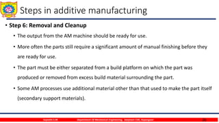 26
Steps in additive manufacturing
• Step 6: Removal and Cleanup
• The output from the AM machine should be ready for use.
• More often the parts still require a significant amount of manual finishing before they
are ready for use.
• The part must be either separated from a build platform on which the part was
produced or removed from excess build material surrounding the part.
• Some AM processes use additional material other than that used to make the part itself
(secondary support materials).
Gujrathi S.M. Department Of Mechanical Engineering, Sanjivani COE, Kopargaon
 