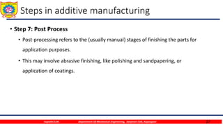 27
Steps in additive manufacturing
• Step 7: Post Process
• Post-processing refers to the (usually manual) stages of finishing the parts for
application purposes.
• This may involve abrasive finishing, like polishing and sandpapering, or
application of coatings.
Gujrathi S.M. Department Of Mechanical Engineering, Sanjivani COE, Kopargaon
 