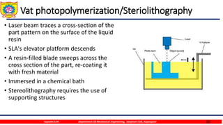 30
Vat photopolymerization/Steriolithography
• Laser beam traces a cross-section of the
part pattern on the surface of the liquid
resin
• SLA's elevator platform descends
• A resin-filled blade sweeps across the
cross section of the part, re-coating it
with fresh material
• Immersed in a chemical bath
• Stereolithography requires the use of
supporting structures
Gujrathi S.M. Department Of Mechanical Engineering, Sanjivani COE, Kopargaon
 
