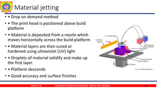 31
Material jetting
• • Drop on demand method
• • The print head is positioned above build
platform
• • Material is deposited from a nozzle which
moves horizontally across the build platform
• • Material layers are then cured or
hardened using ultraviolet (UV) light
• • Droplets of material solidify and make up
the first layer.
• • Platform descends
• • Good accuracy and surface finishes
Gujrathi S.M. Department Of Mechanical Engineering, Sanjivani COE, Kopargaon
 