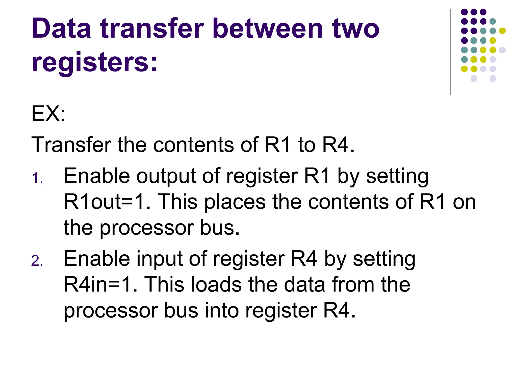 Data transfer between two registers: EX: Transfer the contents of R1 to R4. 1. Enable output of register R1 by setting R1out=1. This places the contents of R1 on the processor bus. 2. Enable input of register R4 by setting R4in=1. This loads the data from the processor bus into register R4. 