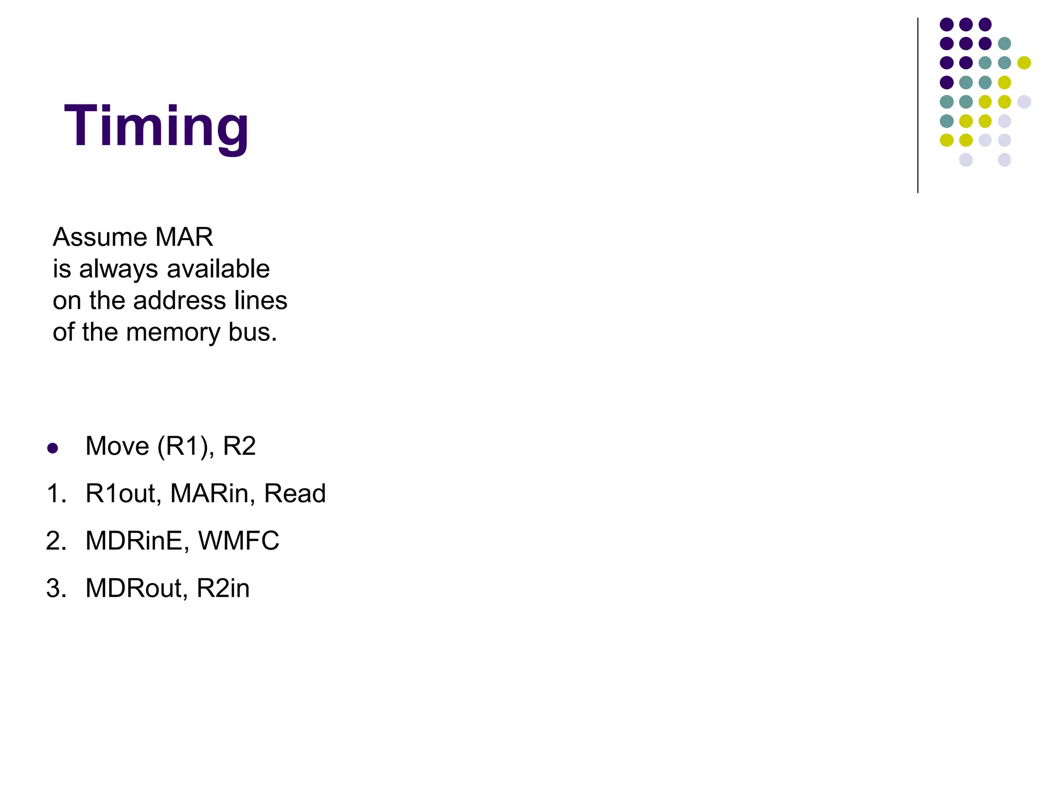 Timing Assume MAR is always available on the address lines of the memory bus.  Move (R1), R2 1. R1out, MARin, Read 2. MDRinE, WMFC 3. MDRout, R2in 