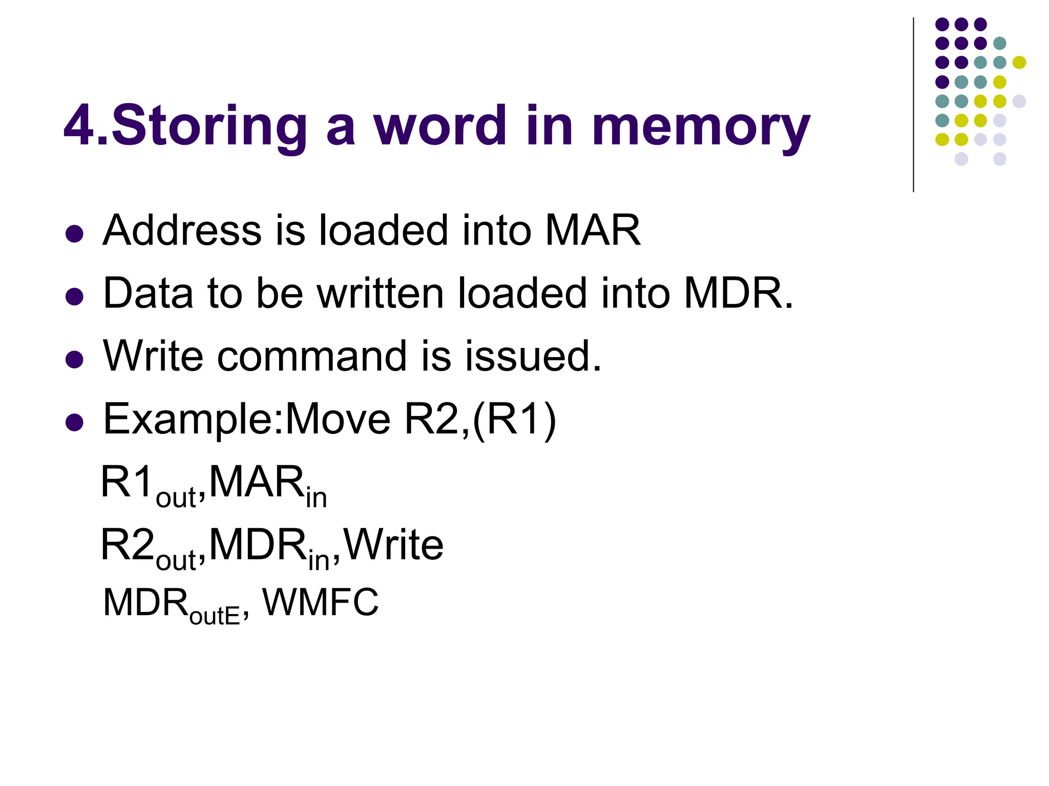 4.Storing a word in memory  Address is loaded into MAR  Data to be written loaded into MDR.  Write command is issued.  Example:Move R2,(R1) R1out,MARin R2out,MDRin,Write MDRoutE, WMFC 