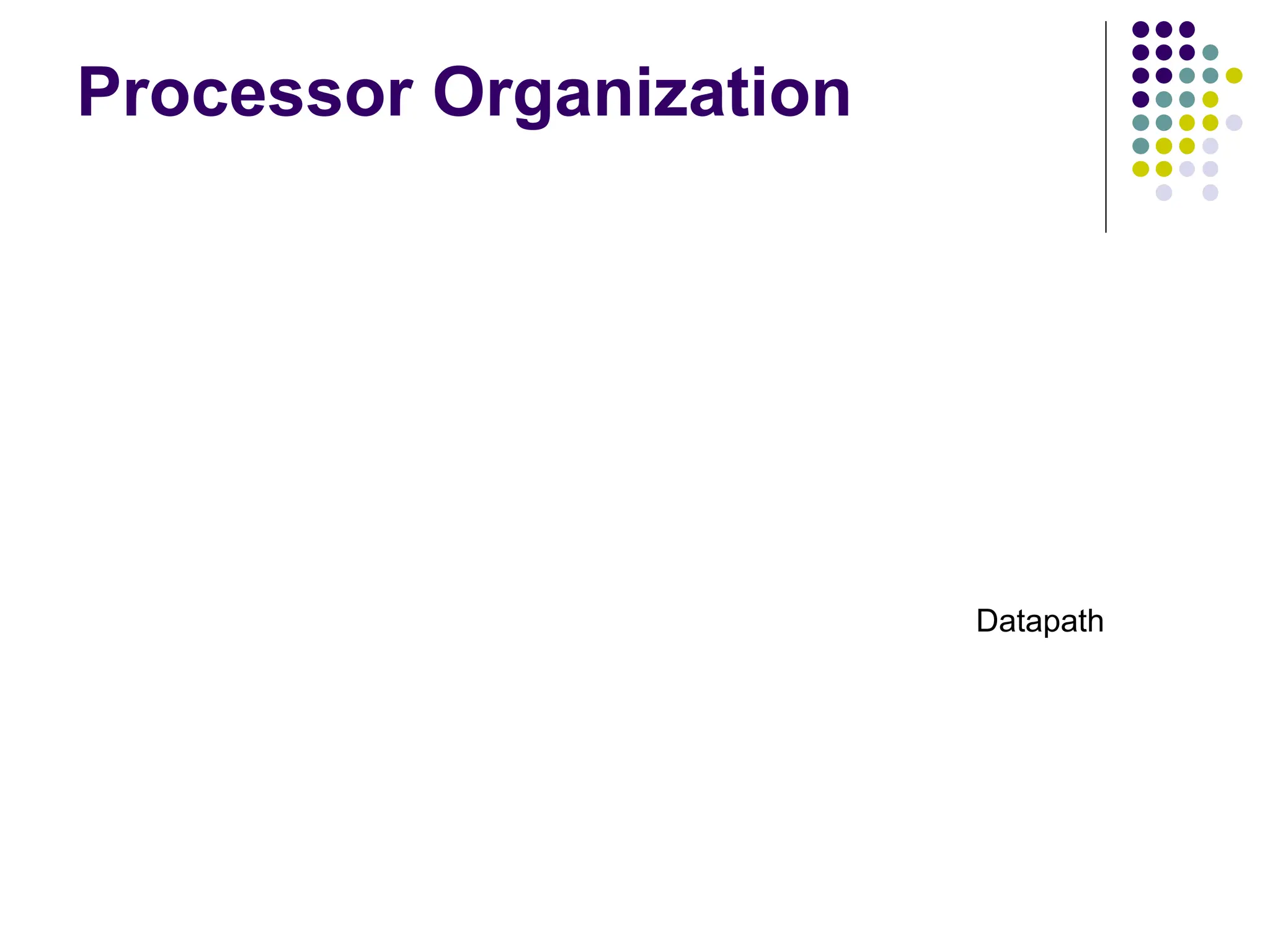 Processor Organization lines Data Address lines bus Memory Carry -in ALU PC MAR MDR Y Z Add X OR Sub IR TEMP R0 control ALU lines Control signals R n 1 -   Instruction decoder and control logic A B Fi gure 7.1. Si ngl e-bus organi zati on of the datapath i ns i de a proces s or. MUX Select Constant 4 Datapath 