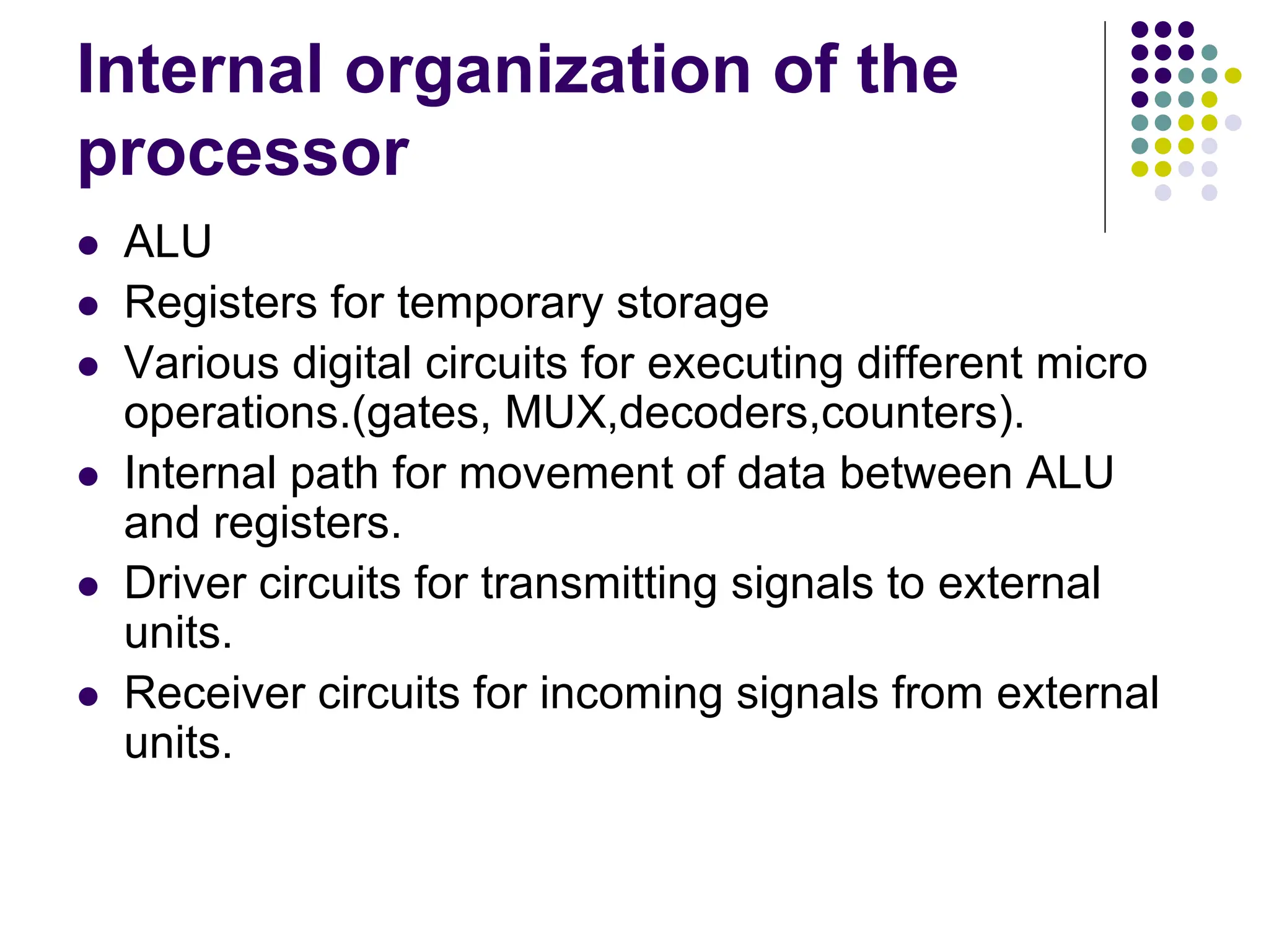 Internal organization of the processor  ALU  Registers for temporary storage  Various digital circuits for executing different micro operations.(gates, MUX,decoders,counters).  Internal path for movement of data between ALU and registers.  Driver circuits for transmitting signals to external units.  Receiver circuits for incoming signals from external units. 