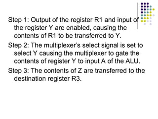 Step 1: Output of the register R1 and input of
the register Y are enabled, causing the
contents of R1 to be transferred to Y.
Step 2: The multiplexer’s select signal is set to
select Y causing the multiplexer to gate the
contents of register Y to input A of the ALU.
Step 3: The contents of Z are transferred to the
destination register R3.
 
