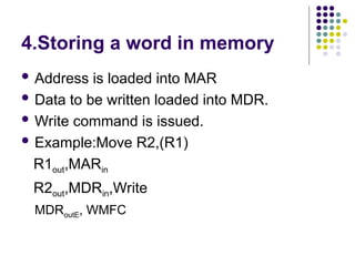 4.Storing a word in memory
 Address is loaded into MAR
 Data to be written loaded into MDR.
 Write command is issued.
 Example:Move R2,(R1)
R1out,MARin
R2out,MDRin,Write
MDRoutE, WMFC
 